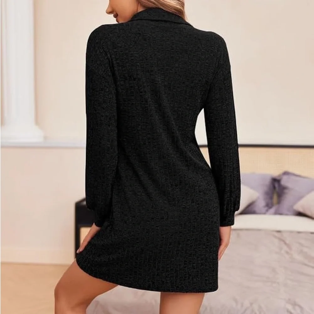 (A8) Ekouaer Longsleeve Ribbed Knit Sleep Shirt vneck Button Notch Collar, M,NWT